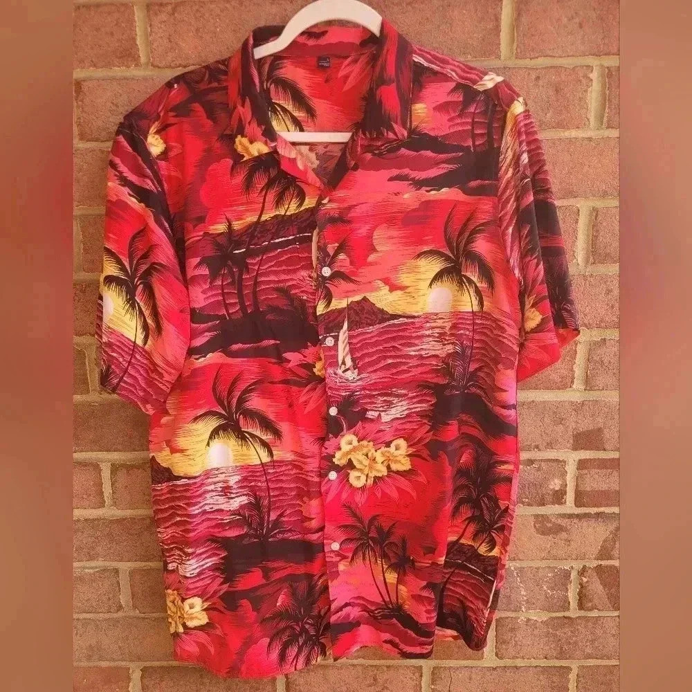 Men's L Design in Italy Hawaiian Shirt Short Sleeve Rayon Palms Boats Sunset